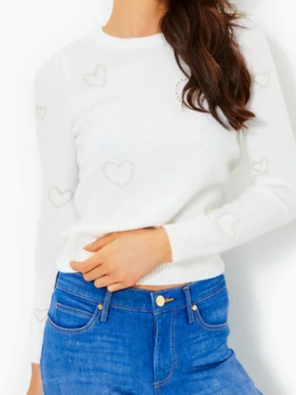 Lilly Pulitzer Mandia Sweater Resort White Party Hearts Pearl Heart Size XL